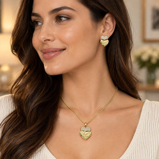 Oro Laminado Earring and Pendant Adult Set, Gold Filled Style Heart Design, with White Micro Pave, Diamond Cutting Finish, Golden Finish