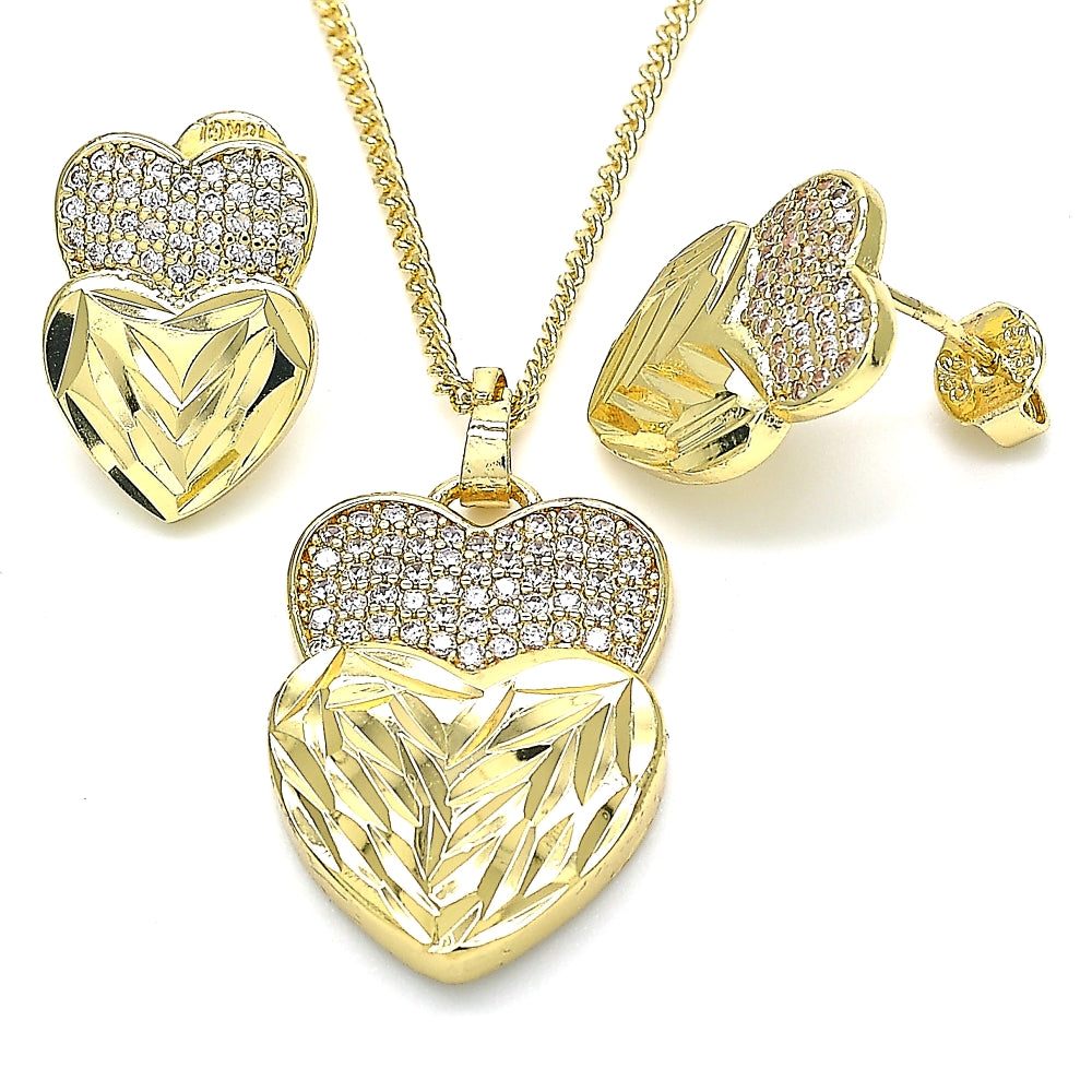 Oro Laminado Earring and Pendant Adult Set, Gold Filled Style Heart Design, with White Micro Pave, Diamond Cutting Finish, Golden Finish
