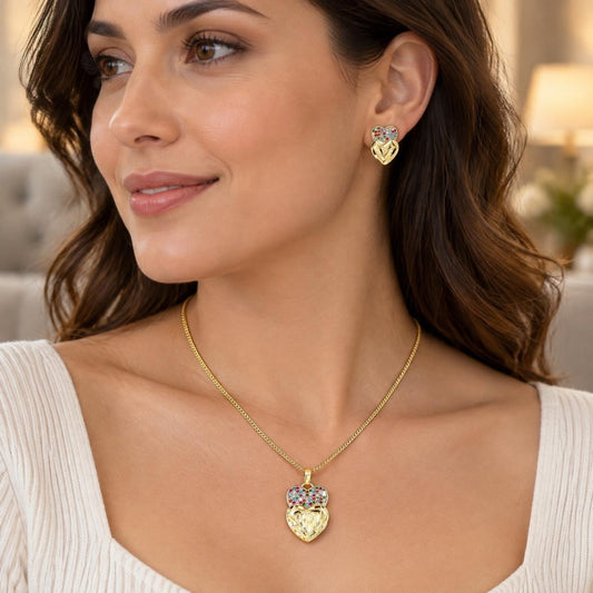 Oro Laminado Earring and Pendant Adult Set, Gold Filled Style Heart Design, with Multicolor Micro Pave, Diamond Cutting Finish, Golden Finish