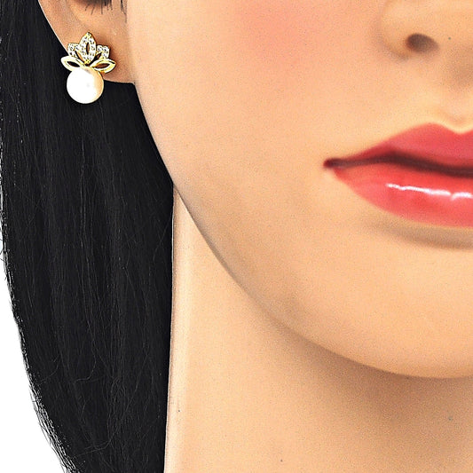 Oro Laminado Stud Earring, Gold Filled Style Leaf and Ball Design, with White Cubic Zirconia and Ivory Pearl, Polished, Golden Finish