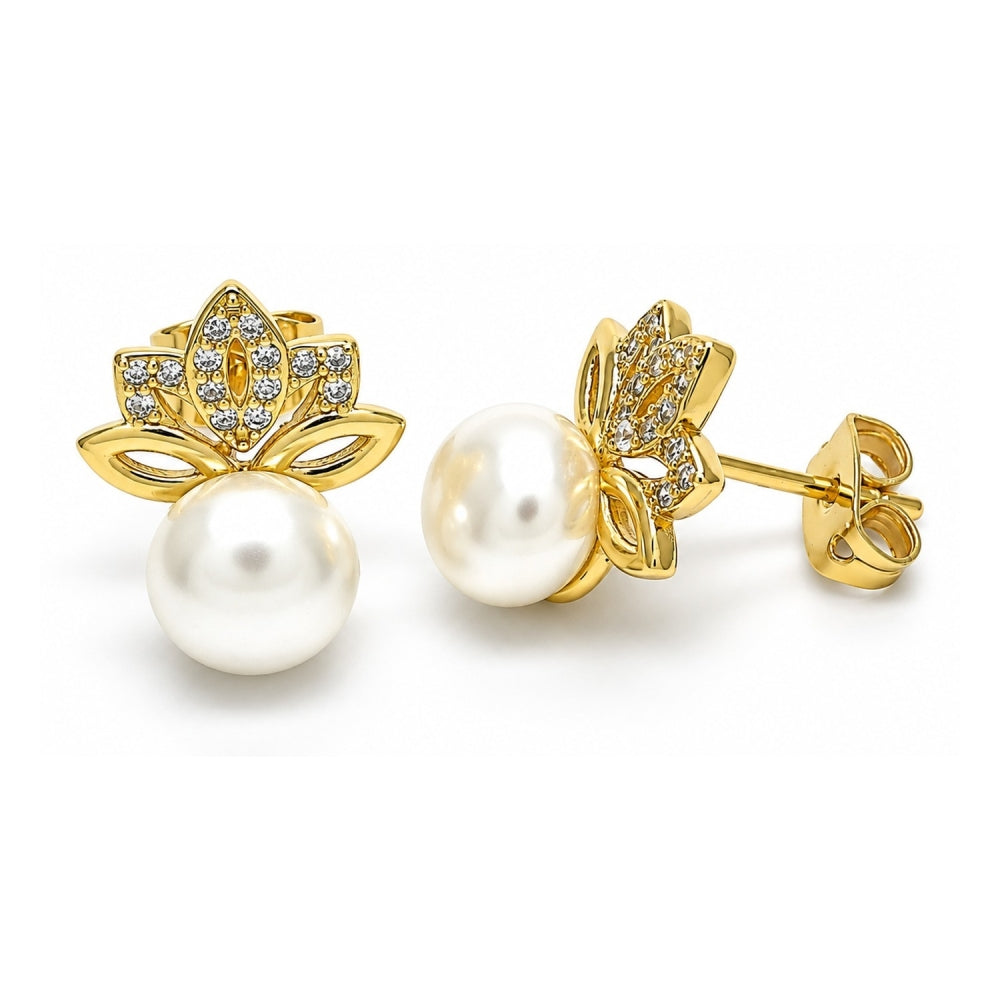 Oro Laminado Stud Earring, Gold Filled Style Leaf and Ball Design, with White Cubic Zirconia and Ivory Pearl, Polished, Golden Finish