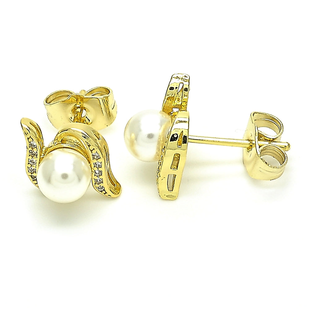 Oro Laminado Stud Earring, Gold Filled Style Ball Design, with Ivory Pearl and White Micro Pave, Polished, Golden Finish