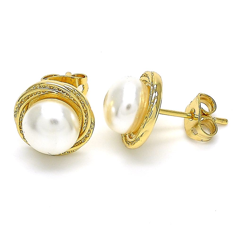 Oro Laminado Stud Earring, Gold Filled Style with Ivory Pearl, Polished, Golden Finish