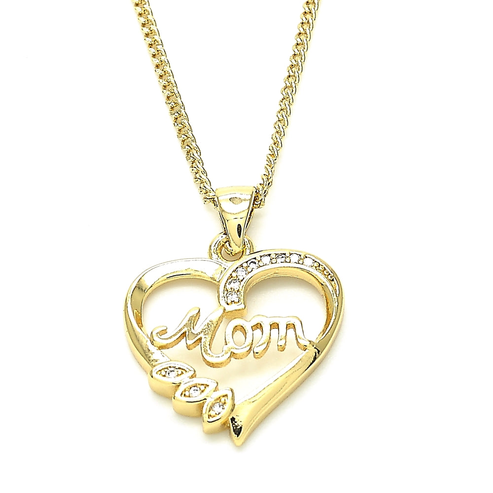 Oro Laminado Pendant Necklace, Gold Filled Style Heart and Mom Design, with White Cubic Zirconia, Polished, Golden Finish