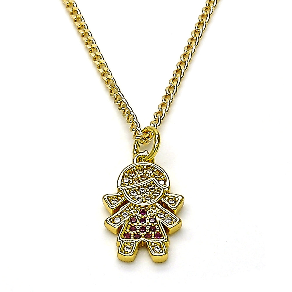 Oro Laminado Pendant Necklace, Gold Filled Style Little Girl Design, with Ruby and White Micro Pave, Polished, Golden Finish