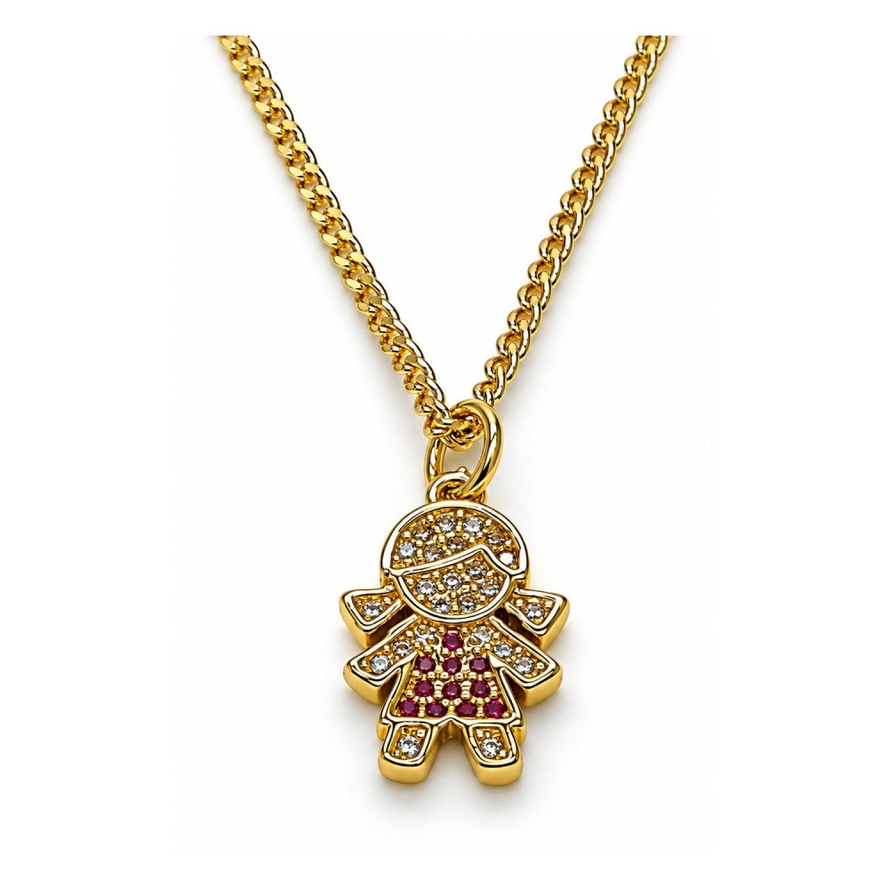 Oro Laminado Pendant Necklace, Gold Filled Style Little Girl Design, with Ruby and White Micro Pave, Polished, Golden Finish