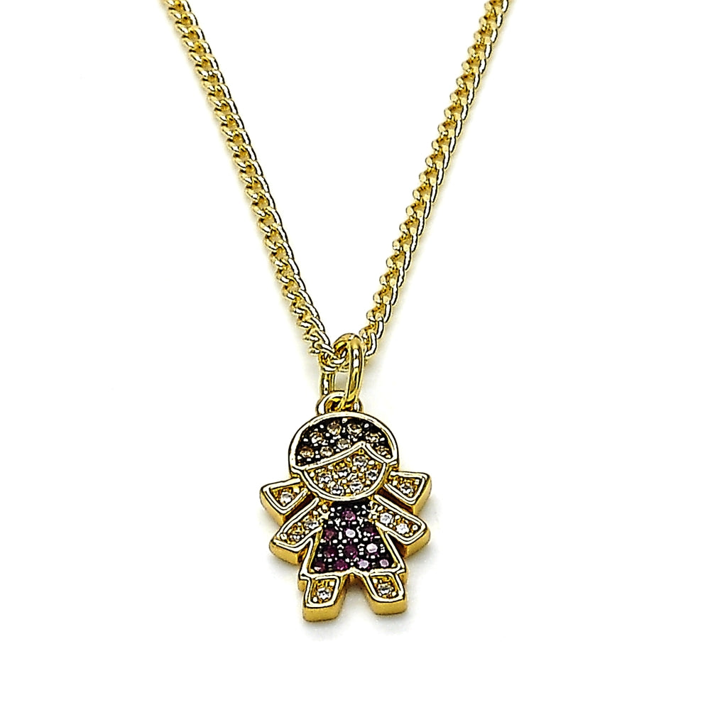 Oro Laminado Pendant Necklace, Gold Filled Style Little Girl Design, with Garnet and White Micro Pave, Black Enamel Finish, Golden Finish