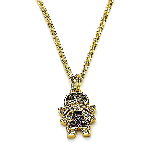 Oro Laminado Pendant Necklace, Gold Filled Style Little Girl Design, with Garnet and White Micro Pave, Black Enamel Finish, Golden Finish