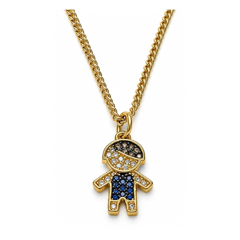 Oro Laminado Pendant Necklace, Gold Filled Style Little Boy Design, with Multicolor and White Micro Pave, Black Enamel Finish, Golden Finish