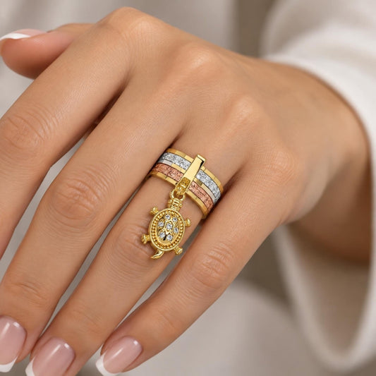 Oro Laminado Multi Stone Ring, Gold Filled Style Semanario and Turtle Design, with White Cubic Zirconia, Diamond Cutting Finish, Tricolor