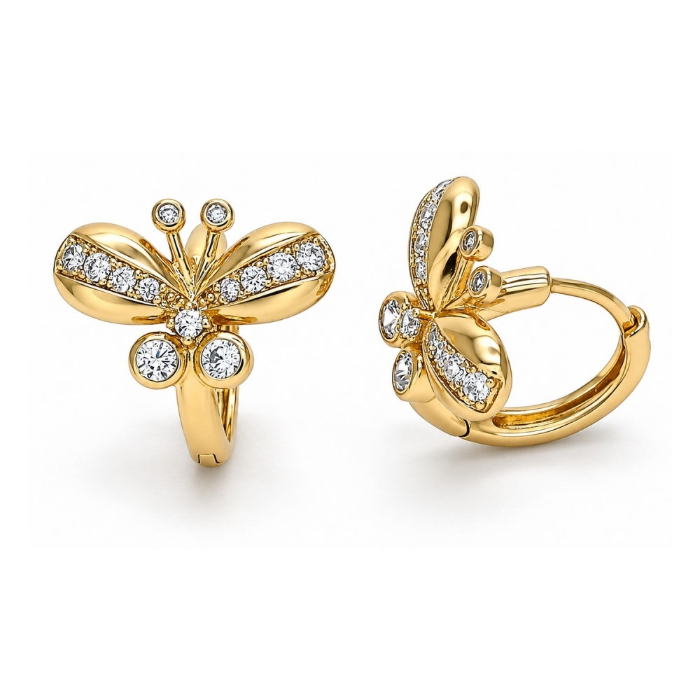 Oro Laminado Huggie Hoop, Gold Filled Style Butterfly Design, with White Cubic Zirconia, Polished, Golden Finish