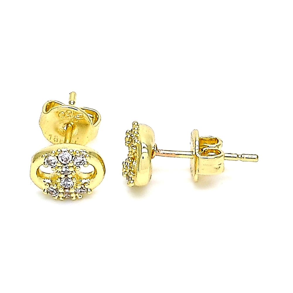 Oro Laminado Stud Earring, Gold Filled Style Puff Mariner Design, with White Micro Pave, Polished, Golden Finish