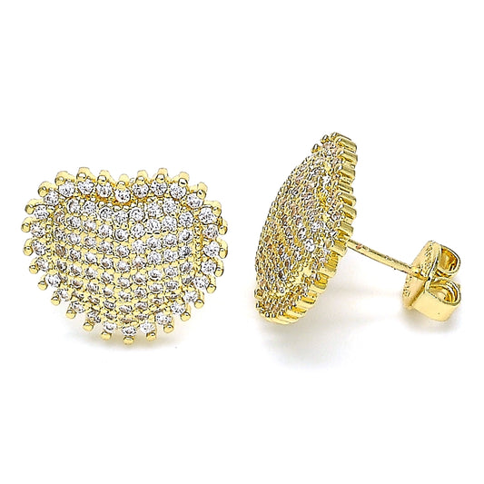 Oro Laminado Stud Earring, Gold Filled Style Heart Design, with White Micro Pave, Polished, Golden Finish