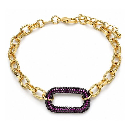 Oro Laminado Fancy Bracelet, Gold Filled Style Paperclip Design, with Ruby Micro Pave, Polished, Black Rhodium Finish
