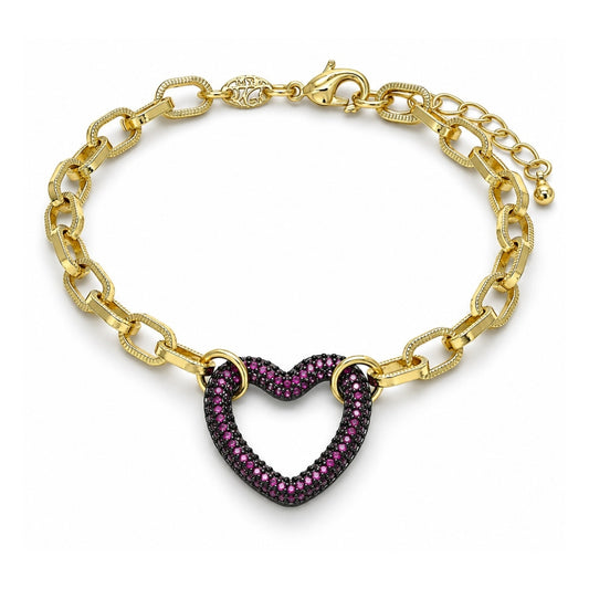 Oro Laminado Fancy Bracelet, Gold Filled Style Paperclip and Heart Design, with Garnet Micro Pave, Polished, Black Rhodium Finish