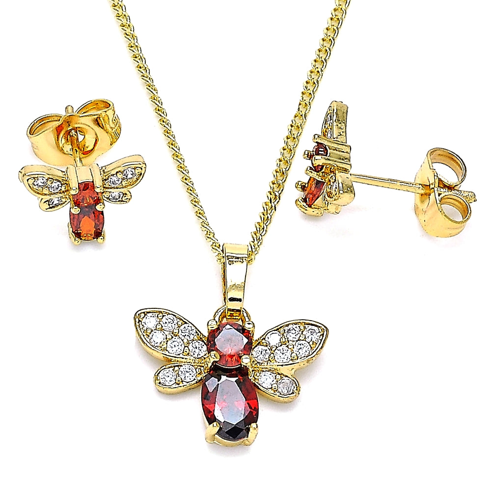 Oro Laminado Earring and Pendant Adult Set, Gold Filled Style Bee Design, with Garnet Cubic Zirconia and White Micro Pave, Polished, Golden Finish