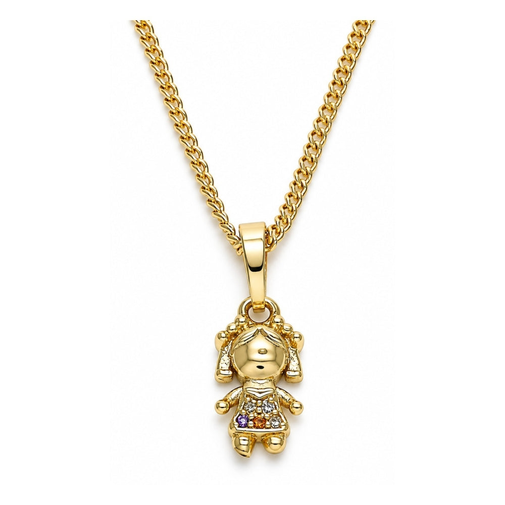 Oro Laminado Pendant Necklace, Gold Filled Style Little Girl Design, with Multicolor Micro Pave, Polished, Golden Finish