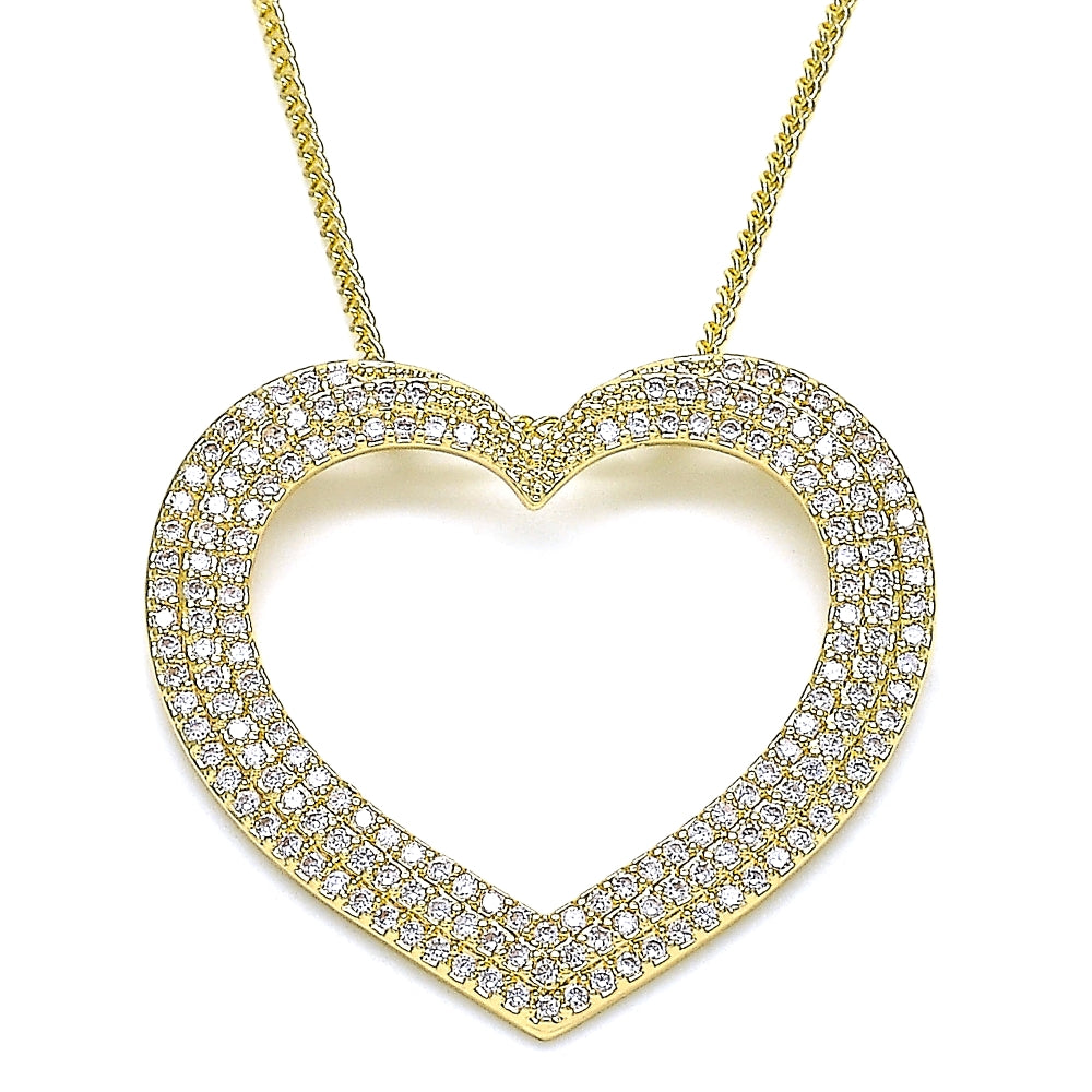 Oro Laminado Pendant Necklace, Gold Filled Style Heart Design, with White Micro Pave, Polished, Golden Finish