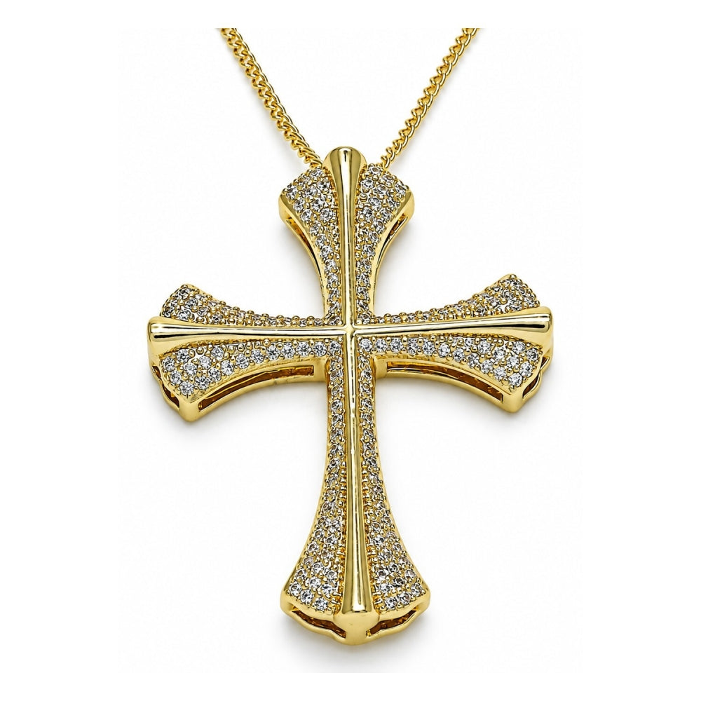 Oro Laminado Pendant Necklace, Gold Filled Style Cross Design, with White Micro Pave, Polished, Golden Finish