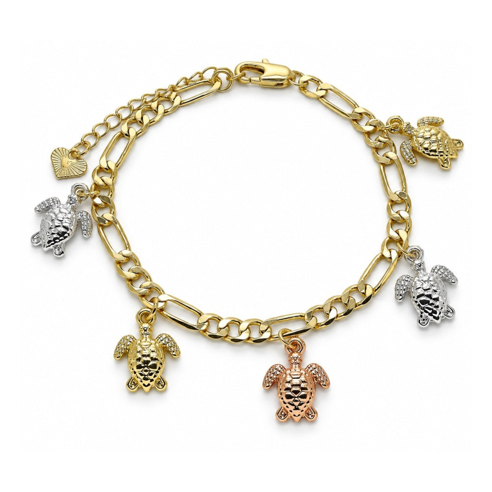 Oro Laminado Charm Bracelet, Gold Filled Style Turtle Design, Polished, Tricolor