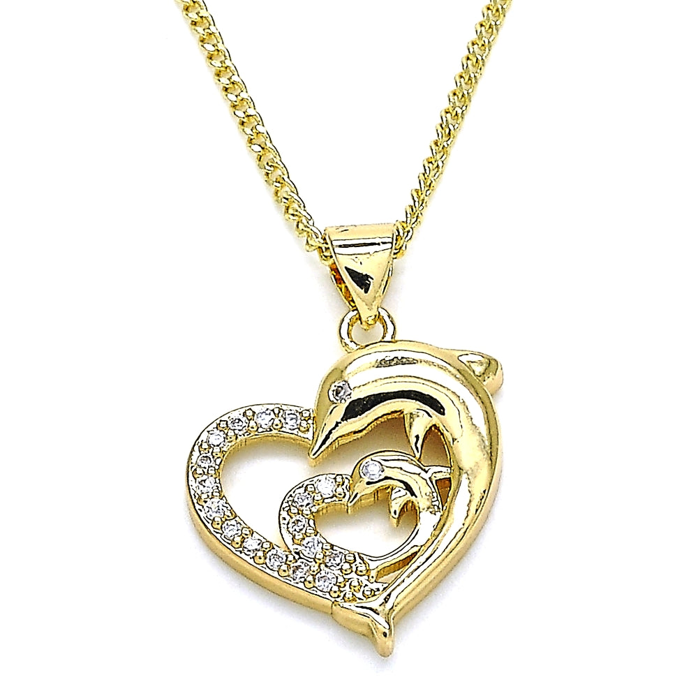 Oro Laminado Pendant Necklace, Gold Filled Style Heart and Dolphin Design, with White and Black Micro Pave, Polished, Golden Finish