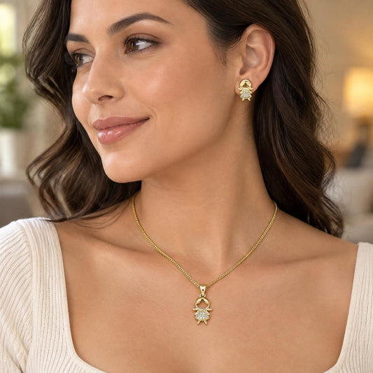 Oro Laminado Earring and Pendant Adult Set, Gold Filled Style Little Girl Design, with White Micro Pave, Polished, Golden Finish