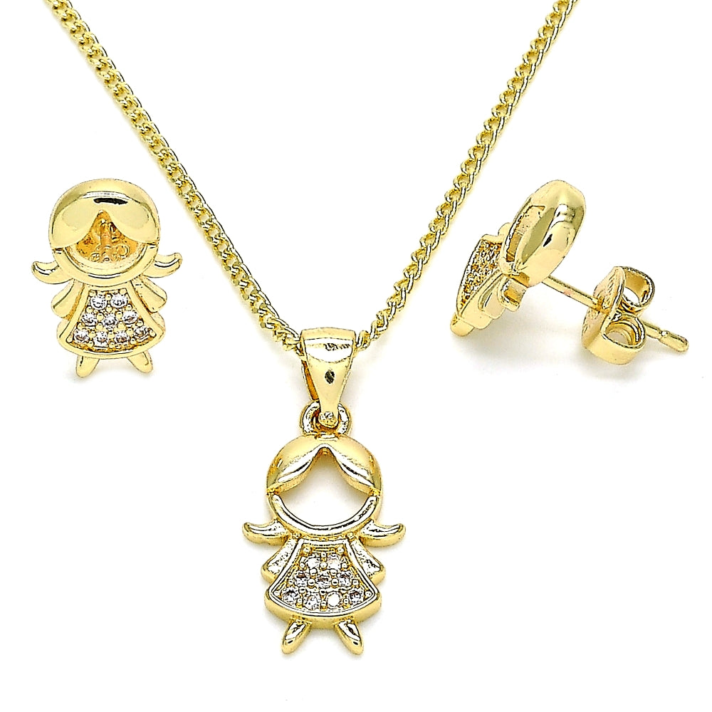 Oro Laminado Earring and Pendant Adult Set, Gold Filled Style Little Girl Design, with White Micro Pave, Polished, Golden Finish