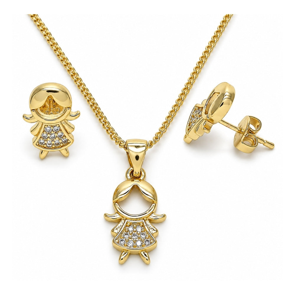Oro Laminado Earring and Pendant Adult Set, Gold Filled Style Little Girl Design, with White Micro Pave, Polished, Golden Finish