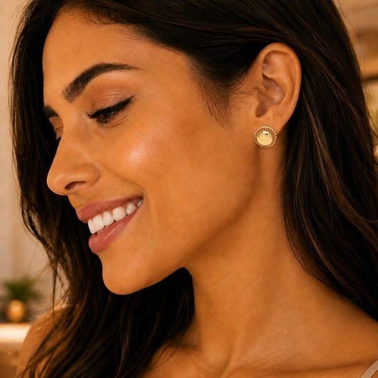 Oro Laminado Stud Earring, Gold Filled Style with Garnet Micro Pave, Polished, Golden Finish