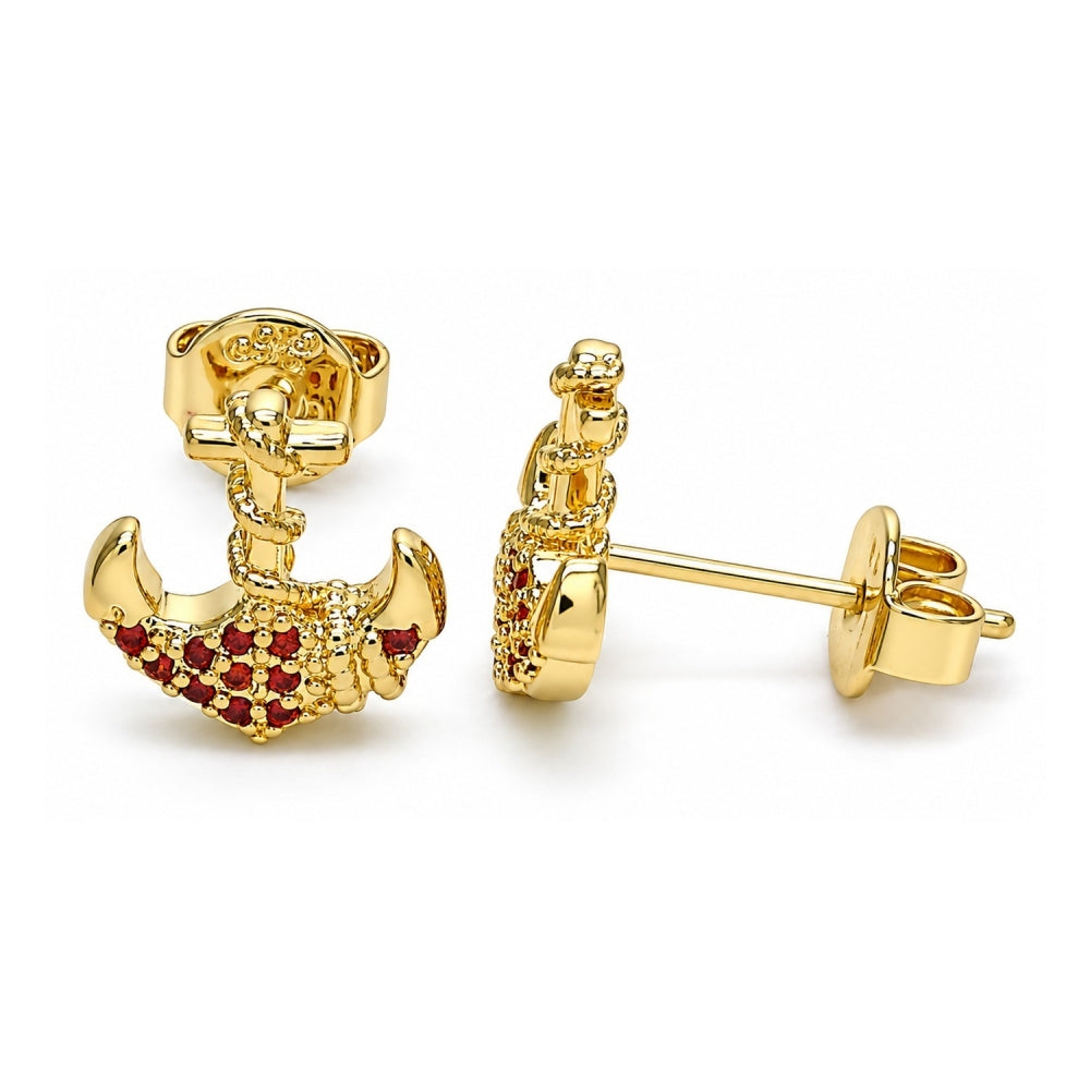 Oro Laminado Stud Earring, Gold Filled Style Anchor Design, with Garnet Micro Pave, Polished, Golden Finish