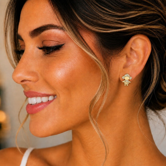 Oro Laminado Stud Earring, Gold Filled Style Little Girl Design, with White Micro Pave, Polished, Golden Finish