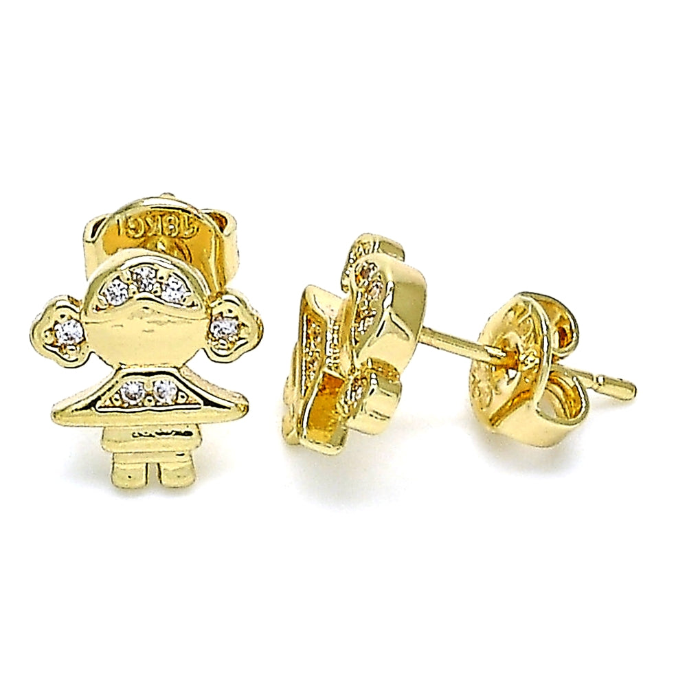 Oro Laminado Stud Earring, Gold Filled Style Little Girl Design, with White Micro Pave, Polished, Golden Finish