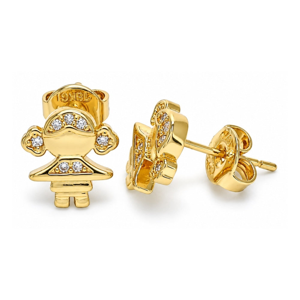 Oro Laminado Stud Earring, Gold Filled Style Little Girl Design, with White Micro Pave, Polished, Golden Finish