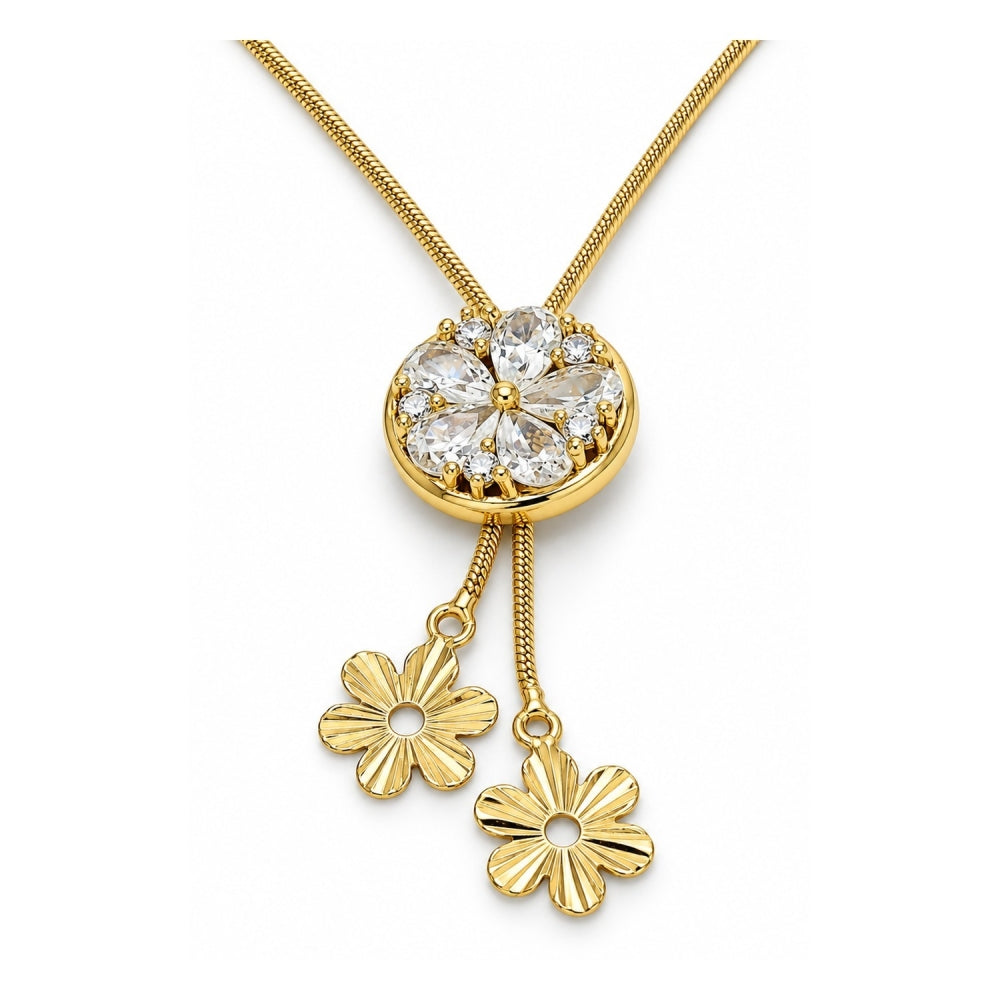 Oro Laminado Fancy Necklace, Gold Filled Style Flower Design, with White Cubic Zirconia, Polished, Golden Finish