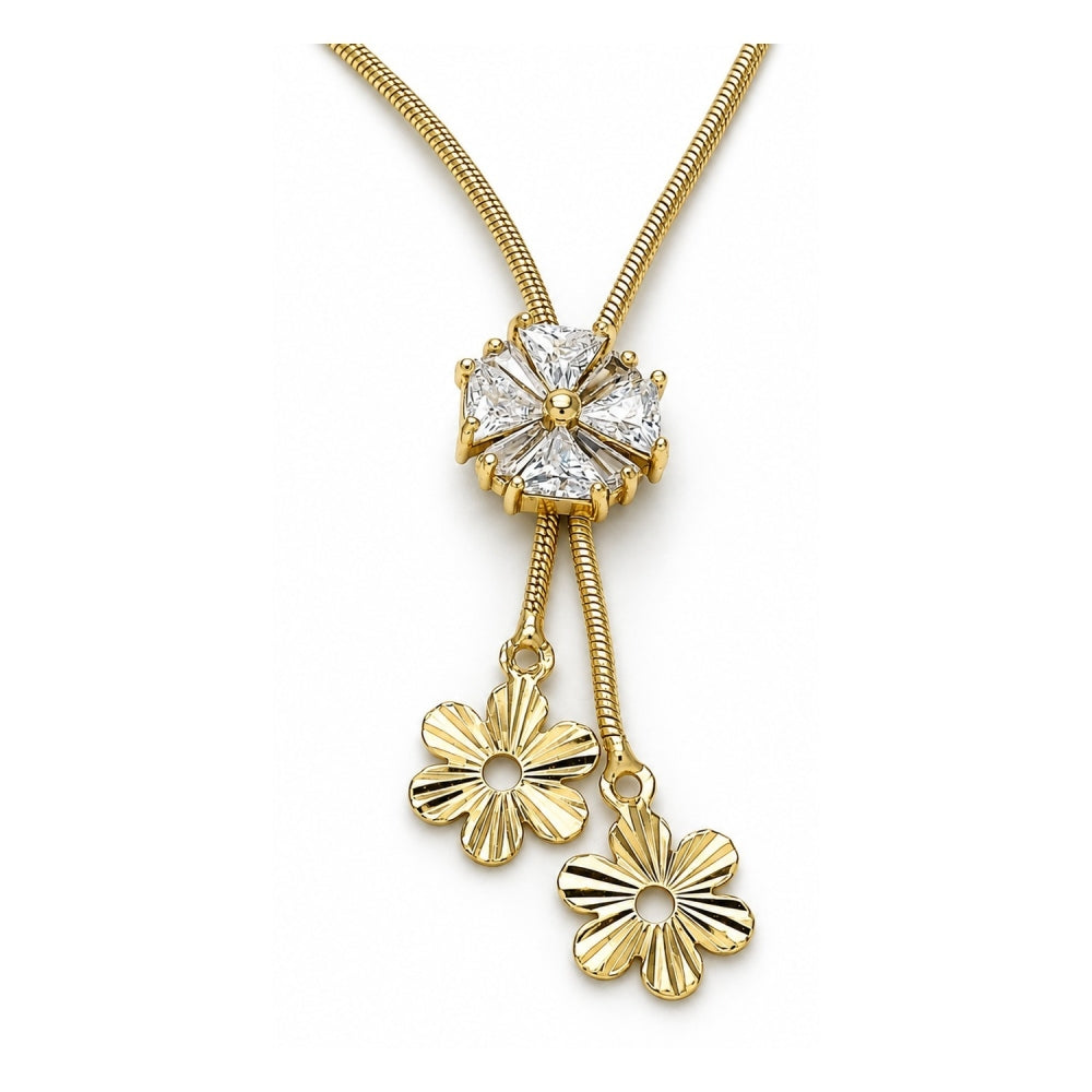 Oro Laminado Fancy Necklace, Gold Filled Style Flower Design, with White Cubic Zirconia, Polished, Golden Finish