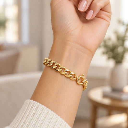 Oro Laminado Basic Bracelet, Gold Filled Style Miami Cuban Design, Polished, Golden Finish
