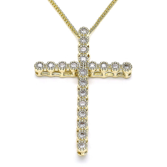 Oro Laminado Pendant Necklace, Gold Filled Style Cross Design, with White Cubic Zirconia, Polished, Golden Finish