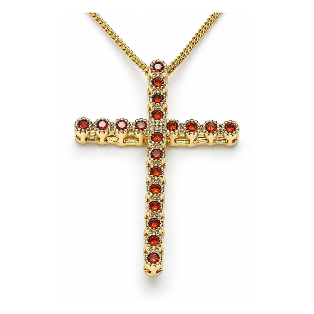 Oro Laminado Pendant Necklace, Gold Filled Style Cross Design, with Garnet Cubic Zirconia, Polished, Golden Finish