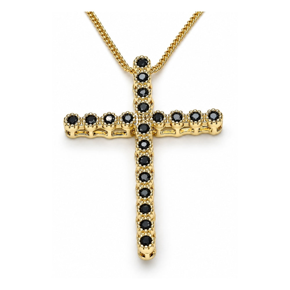 Oro Laminado Pendant Necklace, Gold Filled Style Cross Design, with Black Cubic Zirconia, Polished, Golden Finish