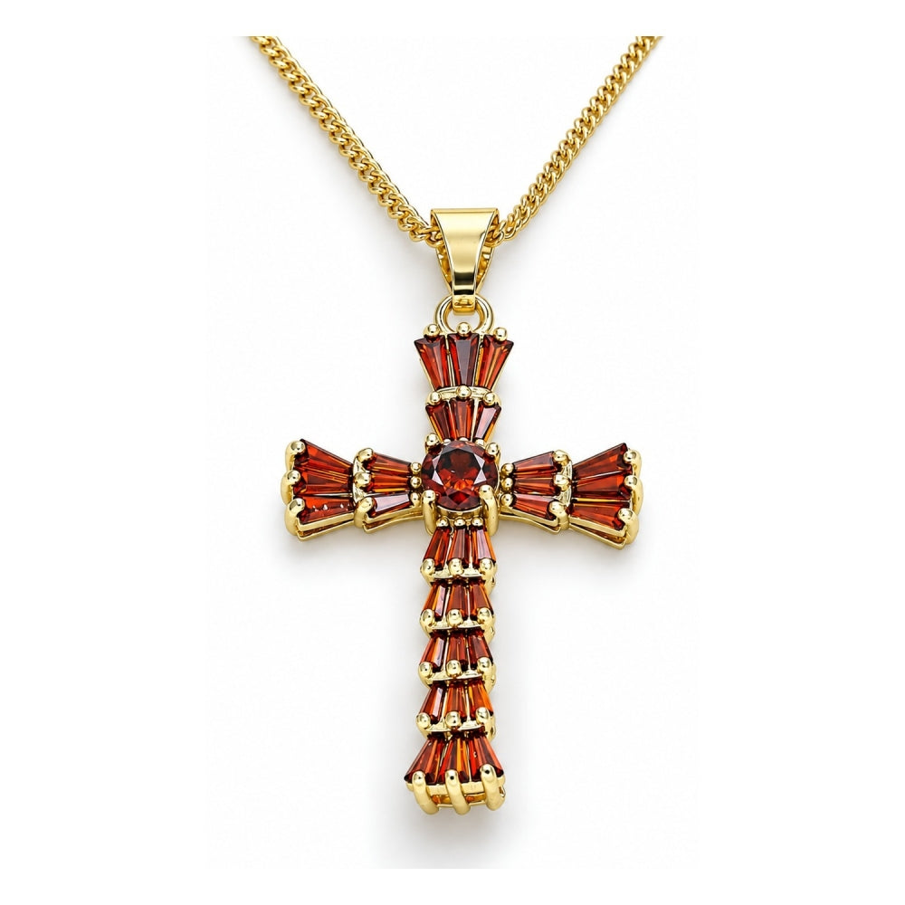 Oro Laminado Pendant Necklace, Gold Filled Style Cross and Baguette Design, with Garnet Cubic Zirconia, Polished, Golden Finish