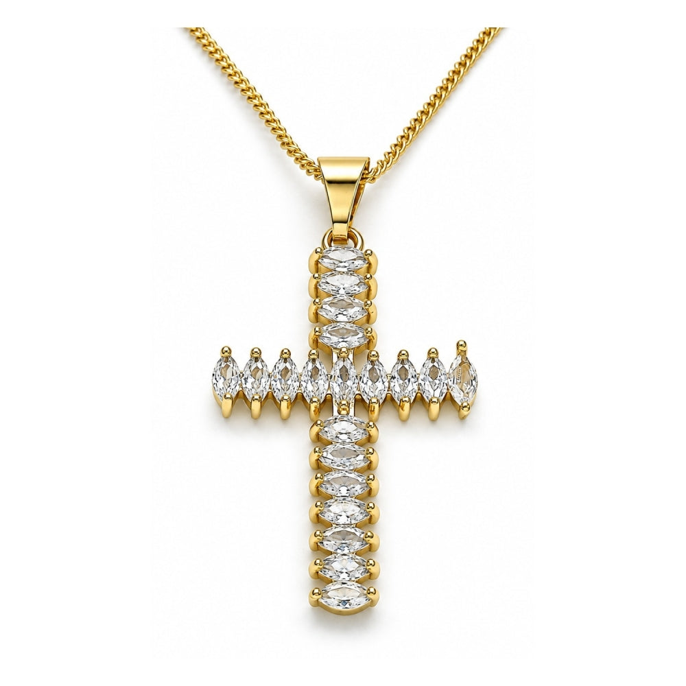 Oro Laminado Pendant Necklace, Gold Filled Style Cross Design, with White Cubic Zirconia, Polished, Golden Finish