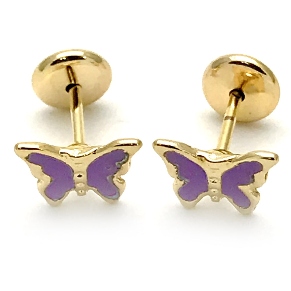 Oro Laminado Stud Earring, Gold Filled Style Butterfly Design, Purple Enamel Finish, Golden Finish