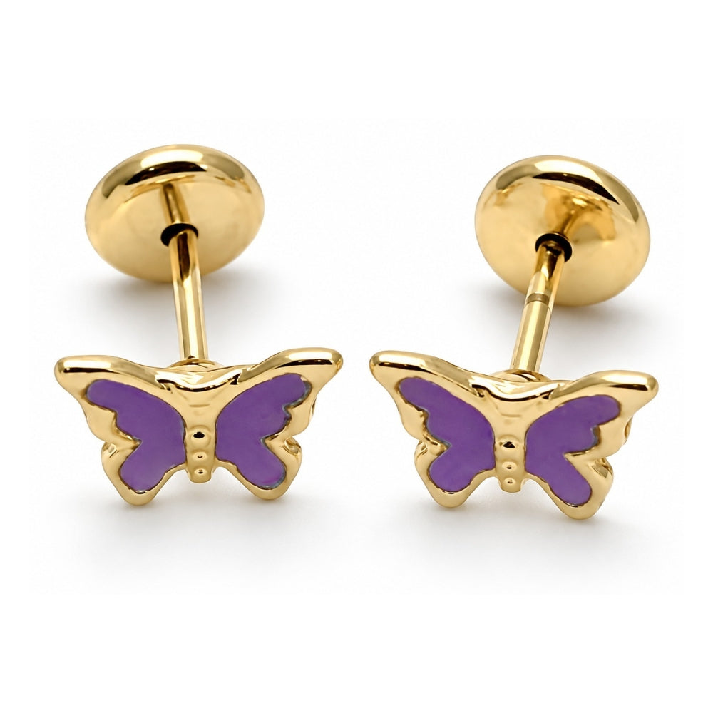 Oro Laminado Stud Earring, Gold Filled Style Butterfly Design, Purple Enamel Finish, Golden Finish