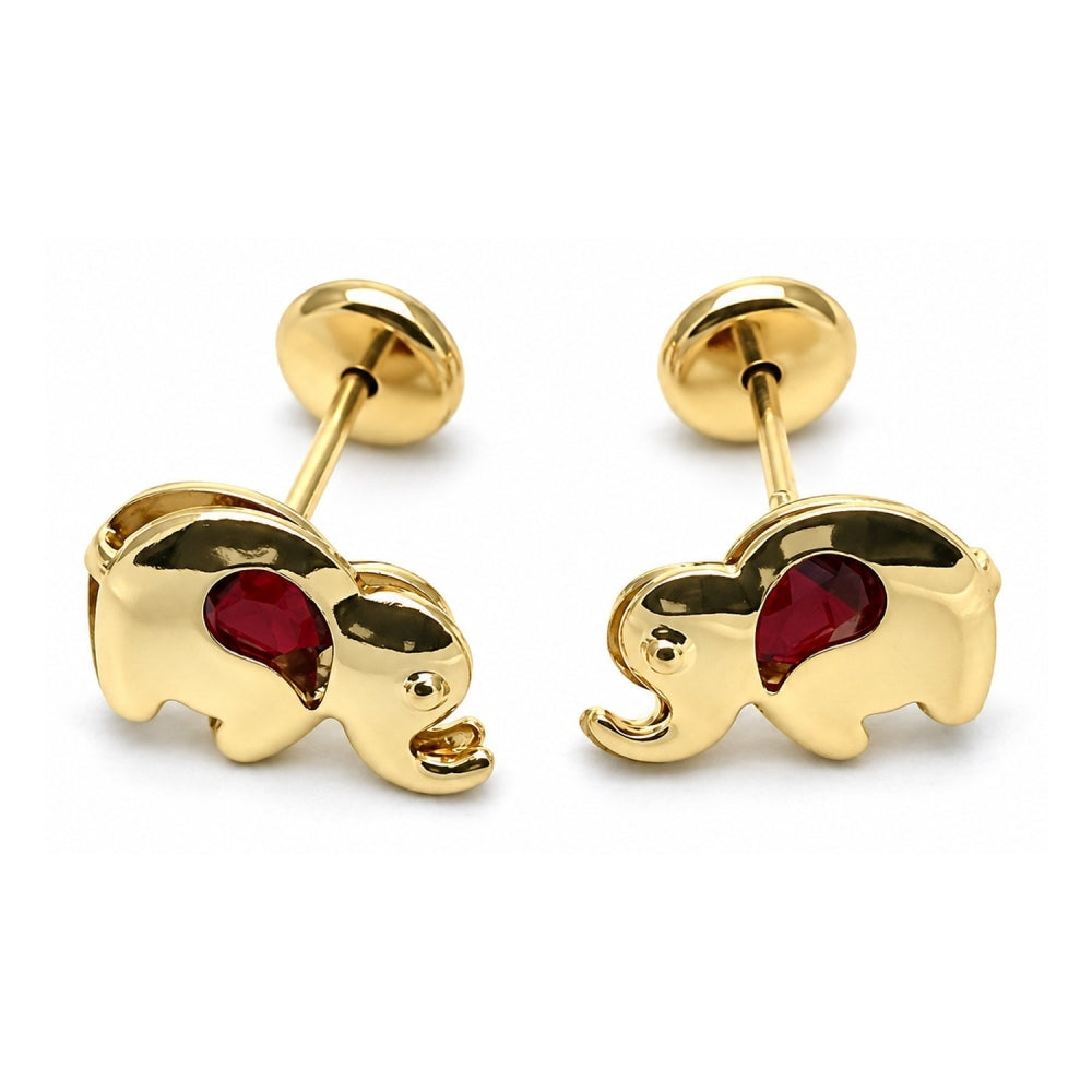 Oro Laminado Stud Earring, Gold Filled Style Elephant Design, with Garnet Cubic Zirconia, Polished, Golden Finish