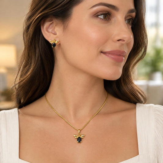 Oro Laminado Earring and Pendant Adult Set, Gold Filled Style Bee Design, with Black Crystal, Polished, Golden Finish