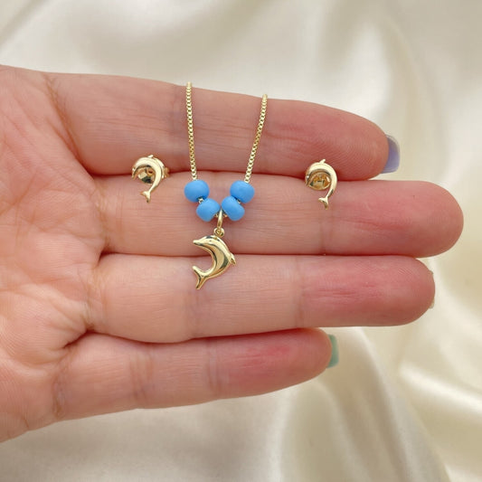 Oro Laminado Earring and Pendant Adult Set, Gold Filled Style Dolphin and Box Design, with Aquamarine Opal, Polished, Golden Finish