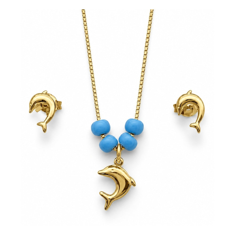 Oro Laminado Earring and Pendant Adult Set, Gold Filled Style Dolphin and Box Design, with Aquamarine Opal, Polished, Golden Finish