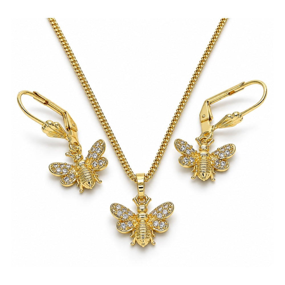 Oro Laminado Earring and Pendant Adult Set, Gold Filled Style Bee Design, with White Micro Pave, Polished, Golden Finish