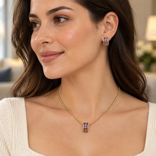 Oro Laminado Earring and Pendant Adult Set, Gold Filled Style Baguette Design, with Multicolor Cubic Zirconia, Polished, Golden Finish