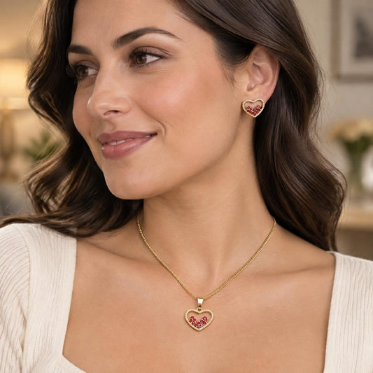 Oro Laminado Earring and Pendant Adult Set, Gold Filled Style Heart Design, with Garnet Micro Pave, Polished, Golden Finish